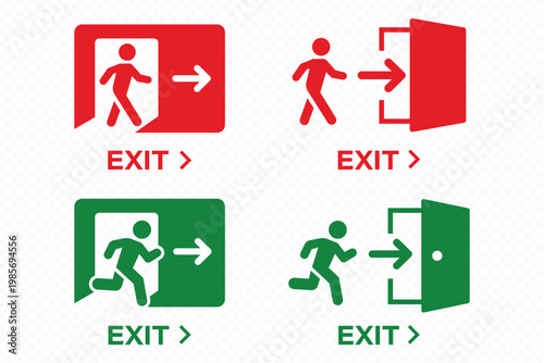 Emergency Exit Icon set. Vector illustration of running man and exit door sign. Escape and evacuation symbol. Various exit sign isolated white background.Evacuation and relocation of people to safety.