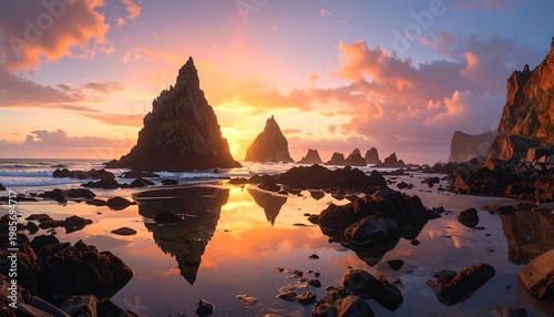 Serene sunset over rocky beach with calm waters