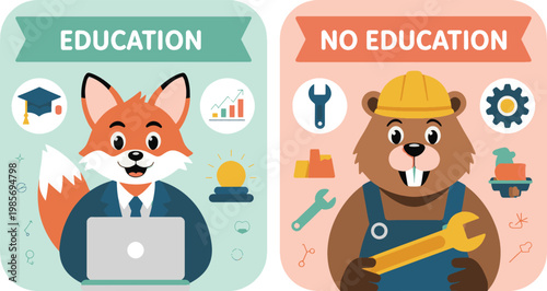 Fox in a business suit and beaver in construction gear represent the different career paths of white collar and blue collar work environments.