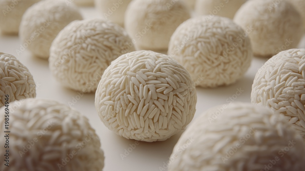 Fototapeta premium White Rice Balls on a Soft Surface with Textured Patterns and Shadows