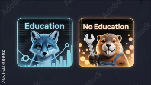 Fox and beaver characters illustrate the contrast between academic education and manual labor skills in this comparative digital graphic design.