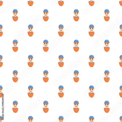 Seamless pattern featuring a smiling cartoon man wearing a blue cap on a white background