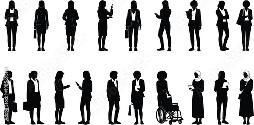 Diverse collection of women silhouettes in professional and casual standing poses for architectural scale and corporate design vector.