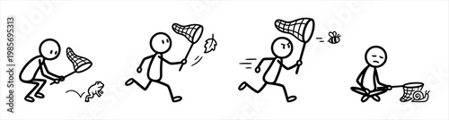 A man chases a butterfly with a net, illustration showing progression of motion