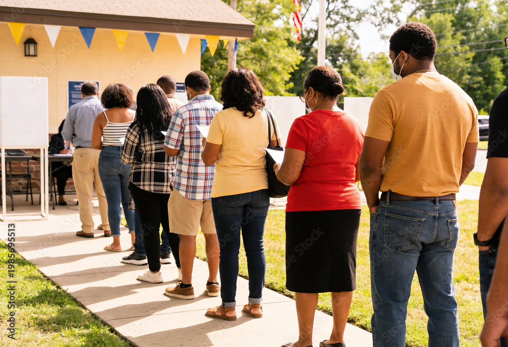 Fototapeta premium Diverse group of adults waiting in line at an outdoor community event beside an American flag, civic engagement and voter registration for democracy and participation