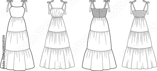 Women tiered maxi dress set, sleeveless summer dresses with tie straps and smocked bodice, front views – vector illustration
