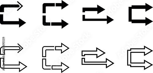 U turn arrow icons vector illustration black and outline isolated on transparent background