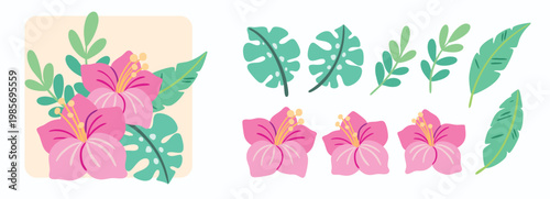 Set of botanical elements in a tropical motif. Cute collection of hand drawn hibiscus flowers, green leaves, exotic plants in a simple, delicate bouquet. Isolated floral elements. Vector illustration.