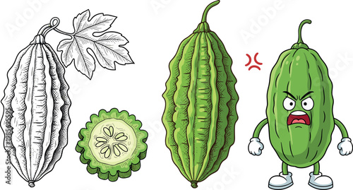 Bitter melon vegetable set with botanical sketch sliced view and angry cartoon character vector illustration healthy organic food design