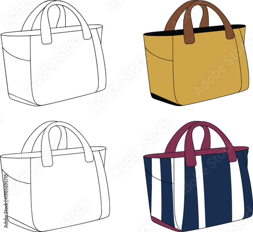Women tote bag set with color variations, front perspective views, minimalist fashion accessory template – vector illustration