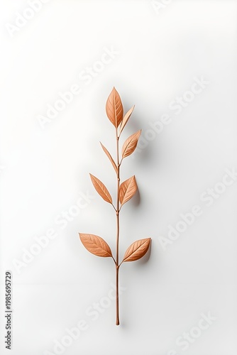 Minimal composition of a copper-toned plant branch with delicate leaves on a clean neutral background, creating an elegant and modern botanical design.