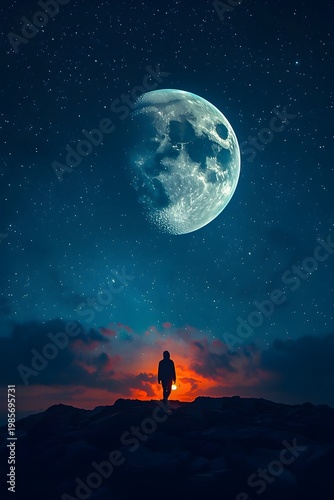 Silhouette of a person standing under a vast starry sky with a large glowing moon, creating a dreamy, surreal night scene filled with mystery and contemplation.