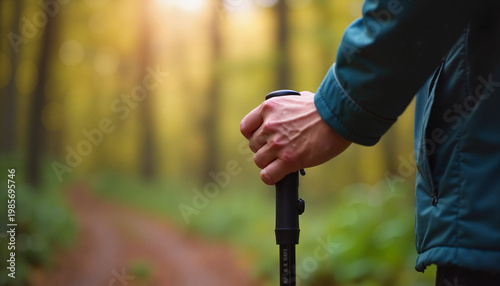 Person holding trekking pole in forest background
