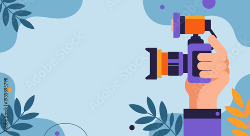 World Press Freedom Day background with hand holding professional camera in flat design style