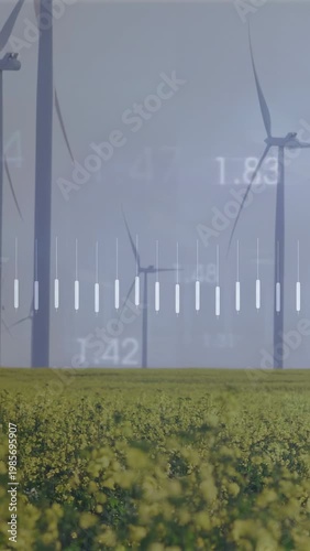 Vertical video: Data overlay appearing over turbines, bars pulsing, numbers updating, showing power
