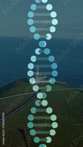 Vertical video: Top marks descending pairing forming teal helix over lighthouse mapping health data