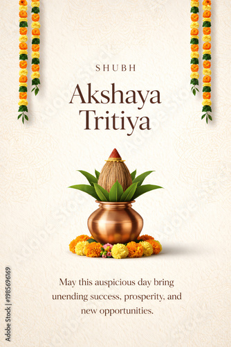 Shubh Akshaya Tritiya festive greeting card with golden Kalash and marigold flowers, Hindu auspicious festival celebration poster for prosperity and success