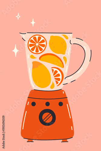 Kitchen blender with mango, orange, and lemon fruits. Vector graphics