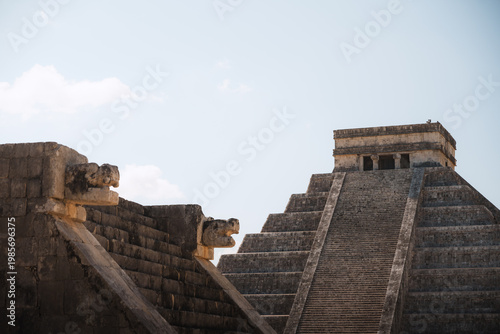 Chichen itza kukulkan pyramid and feathered serpent head details