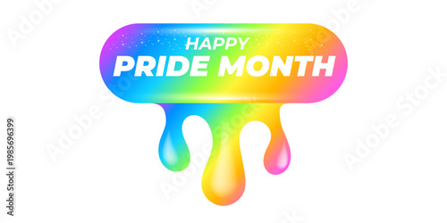 Happy Pride Month lettering on vibrant background. Rainbow dripping paint effect with white Happy Pride Month typography. Modern vector graphic for LGBTQ community support and June seasonal events