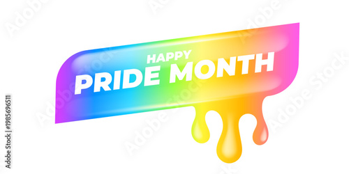 Happy Pride Month lettering on vibrant background. Rainbow dripping paint effect with white Happy Pride Month typography. Modern vector graphic for LGBTQ community support and June seasonal events
