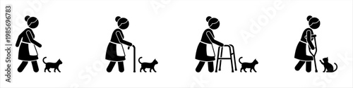 Life Stages Of A Person Walking A Cat With Mobility Aids