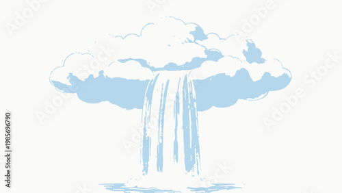 Surreal Minimalist Illustration of a Flowing Waterfall Originating From a Soft Cumulus Cloud, Dreamlike Blue and White Watercolor Concept Art