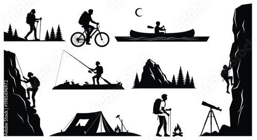 Outdoor adventure silhouettes hiking biking camping and stargazing in nature