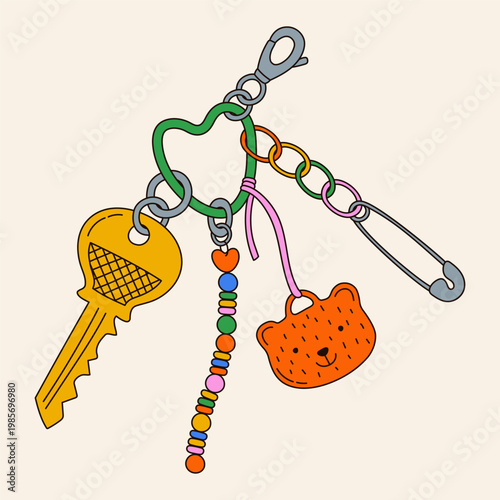 Hand-drawn dopamine y2k keychain illustration. Playful trinkets accessories in bright colors. Funky pendants, toys and beads decorative elements. Vector graphic