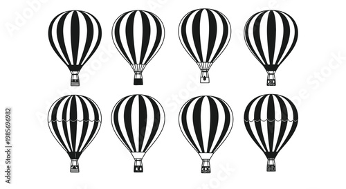 Eight black and white hot air balloons in a grid pattern