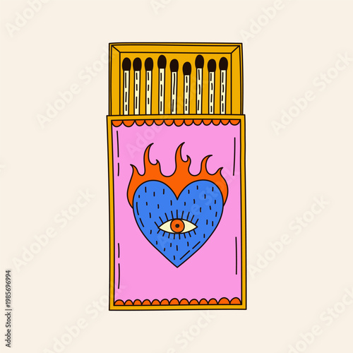 Hand-drawn quirky illustration of open matchbox with flaming heart. Matchsticks doodle drawing. Funky trinket vector design