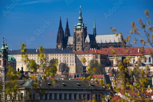 Prague Castle and St Vitus Cathedral close up above Vltava River, Czech Republic