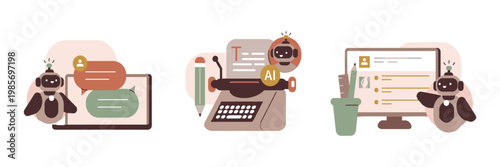 Robot assistant chats on tablet, types at keyboard, and watches screen. Cute robot figures work together, each handling different tasks. They symbolize smart. Perfect for tech, AI