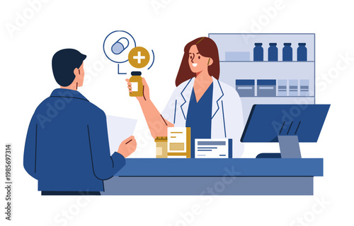 Pharmacist hands medicine to customer at counter. Customer receives pill with thoughtful expression. Pharmacist smiles, shows trust and care. Medication and health services illustrated in flat style