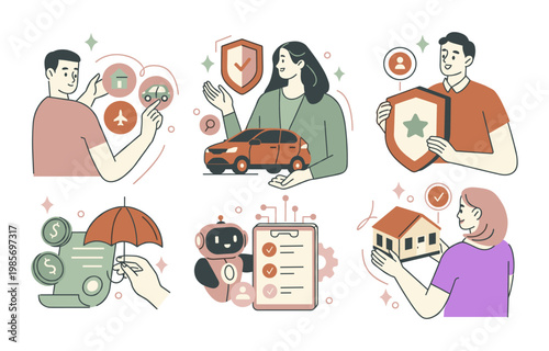 Illustration shows people managing financial safety. Each person holds protective symbols. They guard car, home, money, and health. Families feel secure and confident. Ideal for insurance, savings