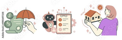 Hand shields money with umbrella, symbolizing protection. Robot reviews checklist, showing automated approval. Woman holds house model, expressing satisfaction. Illustration conveys financial, tech