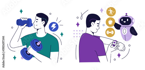 Man lifts weights, energized by a blue lightning bolt. Robot assistant watches, showing fitness icons. Illustration style uses bold outlines and geometric shapes. Ideal for health, tech