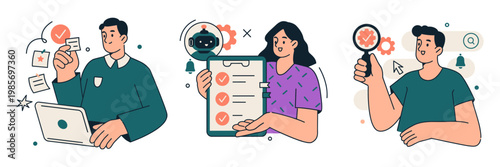 Three people explore digital tools with enthusiasm. One uses a laptop with floating icons. Another reviews a checklist with a robot companion. The third holds a magnifying glass, inspecting data