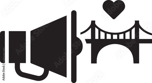 Amplifying community voices and connection, this dynamic icon fuses communication outreach with a beloved urban landmark, symbolizing public engagement and local pride for city infrastructure