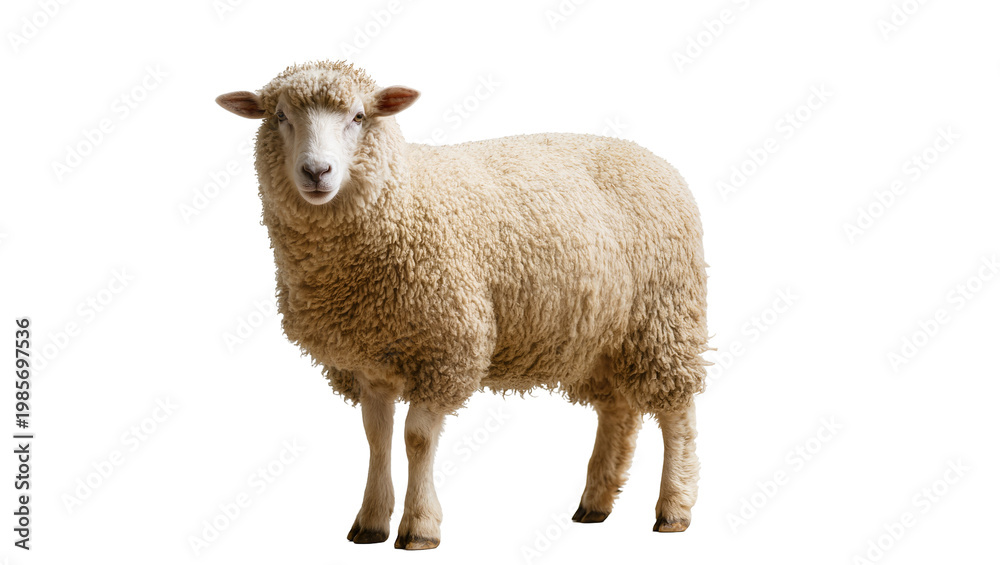 Fototapeta premium Fluffy white sheep standing, isolated on transparent background