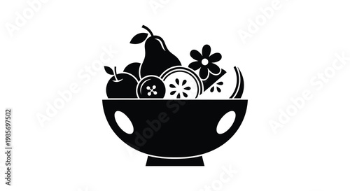 A black silhouette depicts a bowl brimming with various fruits and floral elements creating a striking image