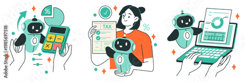 Robot assists with tax documents and financial planning. Hands guide bots through digital and physical transactions. Females smile confidently as bots aid her. Bright colors suggest clarity, trust