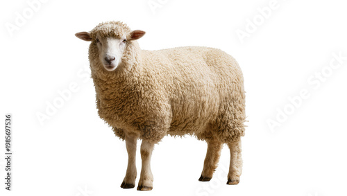 Vászonkép Fluffy white sheep standing, isolated on transparent background