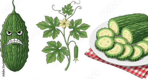 Bitter melon vegetable set with vine plant sliced pieces and cartoon character vector illustration healthy organic food concept