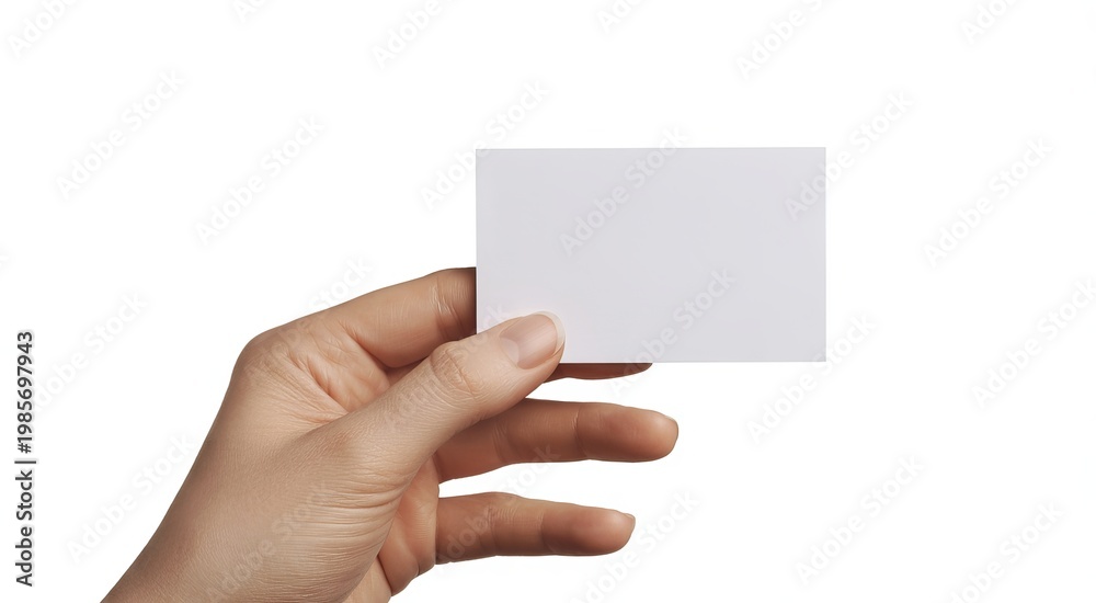 Obraz premium Hand holding a blank white business card against a white background