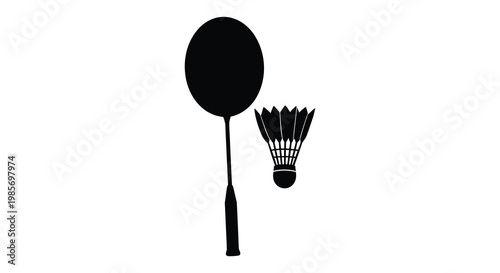 A stark image showcases a badminton racket and shuttlecock in a bold black silhouette high quality professional detailed