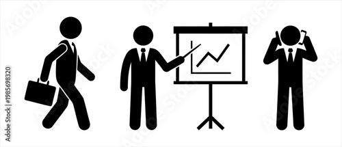 Businessmen in suit with briefcase, presentation, and stress