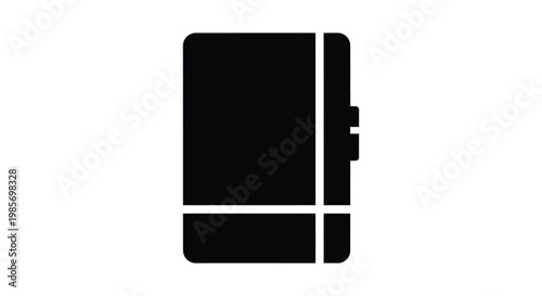 A stark black silhouette of a closed notebook or journal lies flat depicting minimalist design silhouette high quality