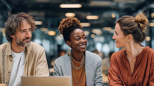 Diverse colleagues share a moment of genuine laughter and connection, symbolizing teamwork and positive work relationships. Ideal for marketing conten