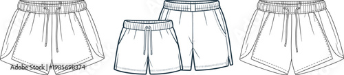 Sport inspired running shorts technical drawing set, front views, elastic waistband, drawstring detail, curved hem design, activewear template – vector illustration